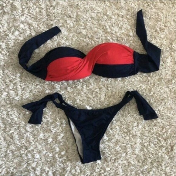 Women’s Swimsuit Blue Red Bikini Adjustable Brazilian Spandex Size Medium - Picture 1 of 8
